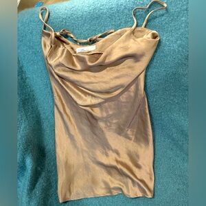 New OAK+ FORT Spaghetti Strap Mini Dress / Size S, shiny & silk like. Golden-tan